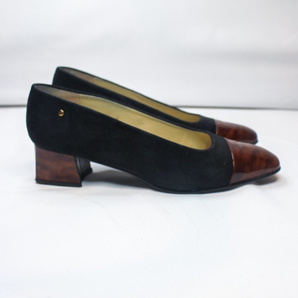 Vintage Etienne Aigner Black Suede Brown Tortoise Shell Block Heel 90s 8.5 Pumps - Picture 3 of 14